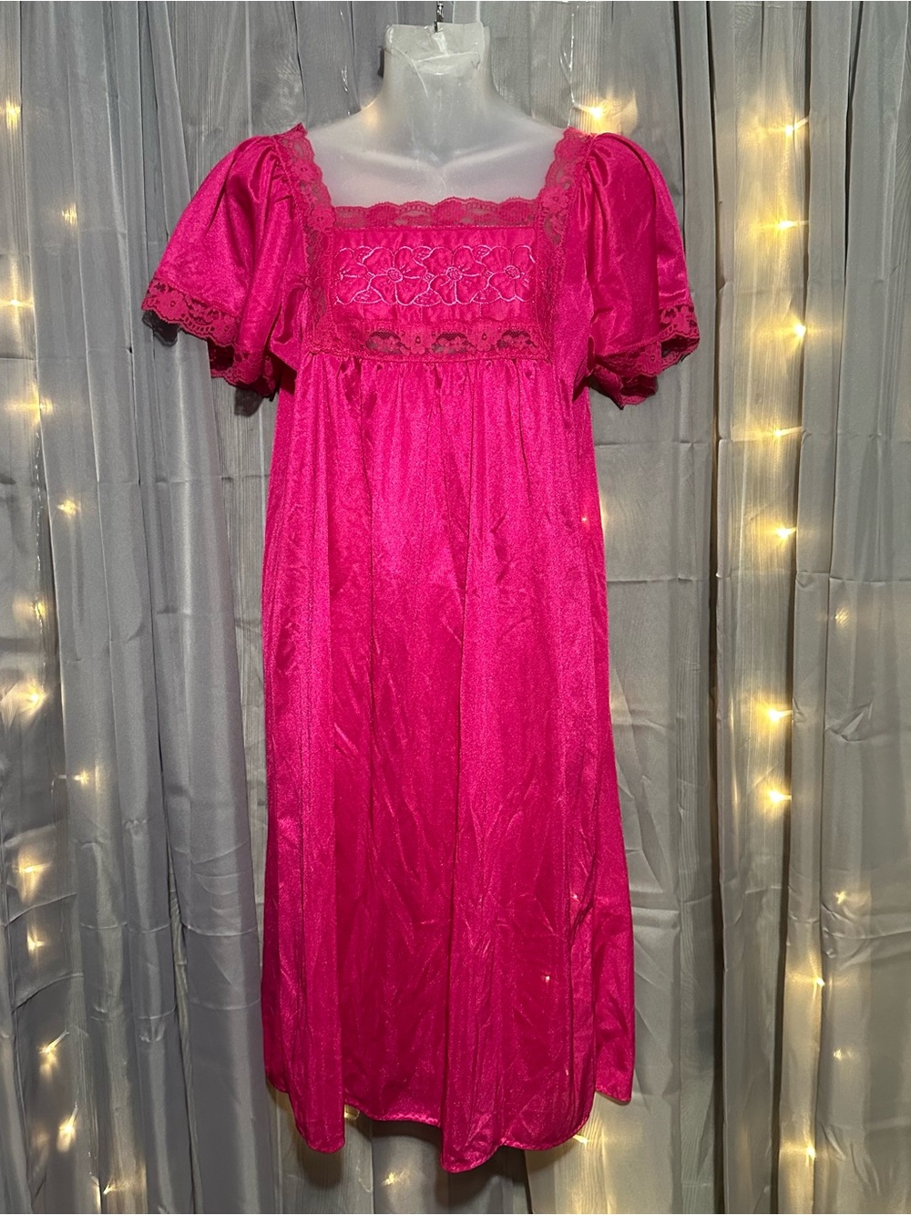 Rikki New York hot pink floral lace nightgown Mumu Sz S vintage USA made